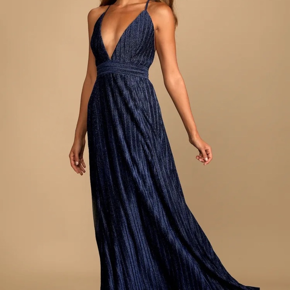 Lulu’s floor length Magical Looks Navy Blue Sparkly Pleated Maxi Dress